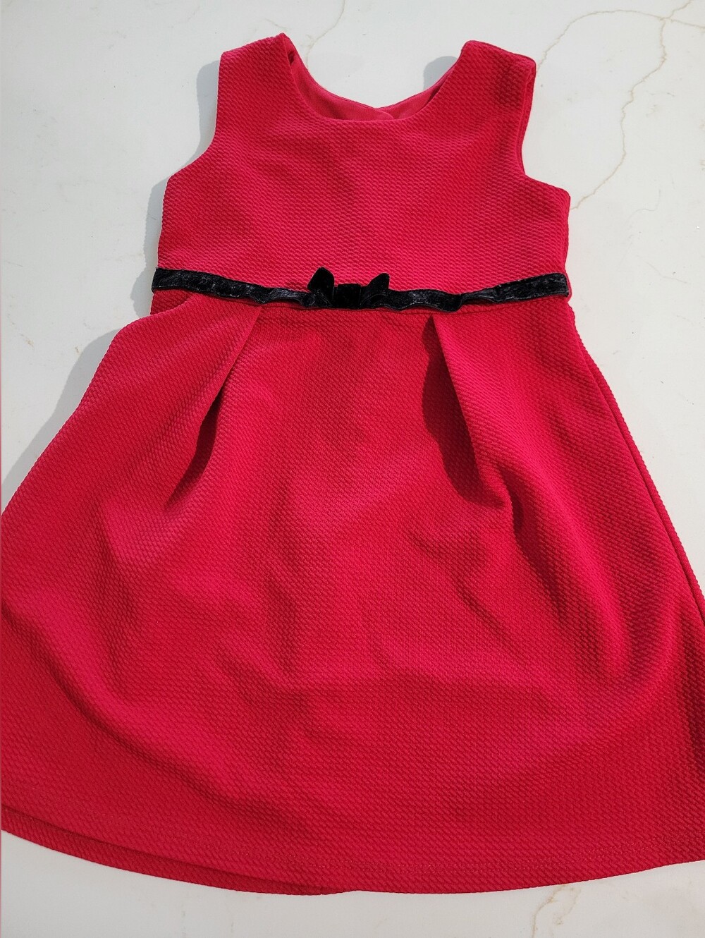 Bonnie Jean Red Textured Sleeveless Dress with Black Velvet Waist Bow